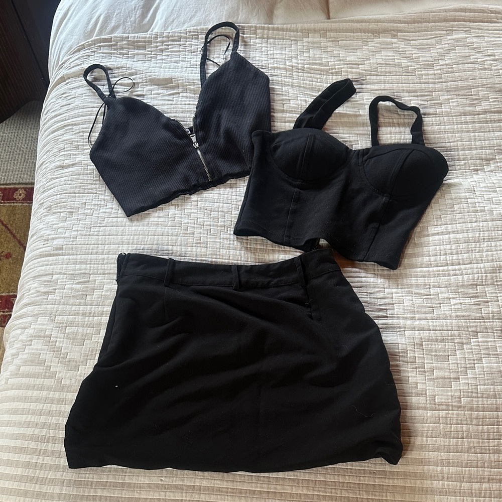 3-Piece Black Crop Tops & mini skirt bundle